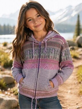 Girls Alpaca Wool Hoodie Size 6 Lavender Pink Fair Isle Zip Up Sweater Cozy